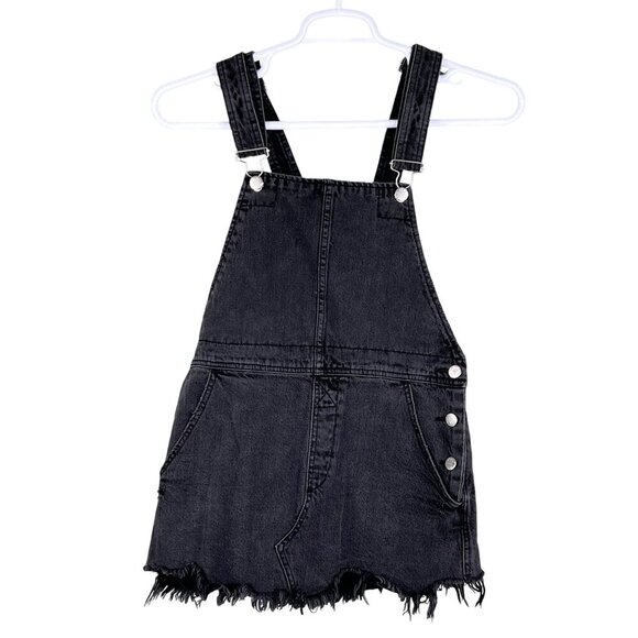 Free People Womens 4 Black Denim Overall Dress Frayed Hem Mini Jumper Grunge - Picture 8 of 15